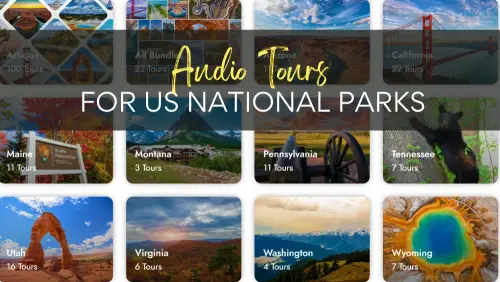 12 squares of different us national parks with text overlay saying Audio Tours of US National Parks
