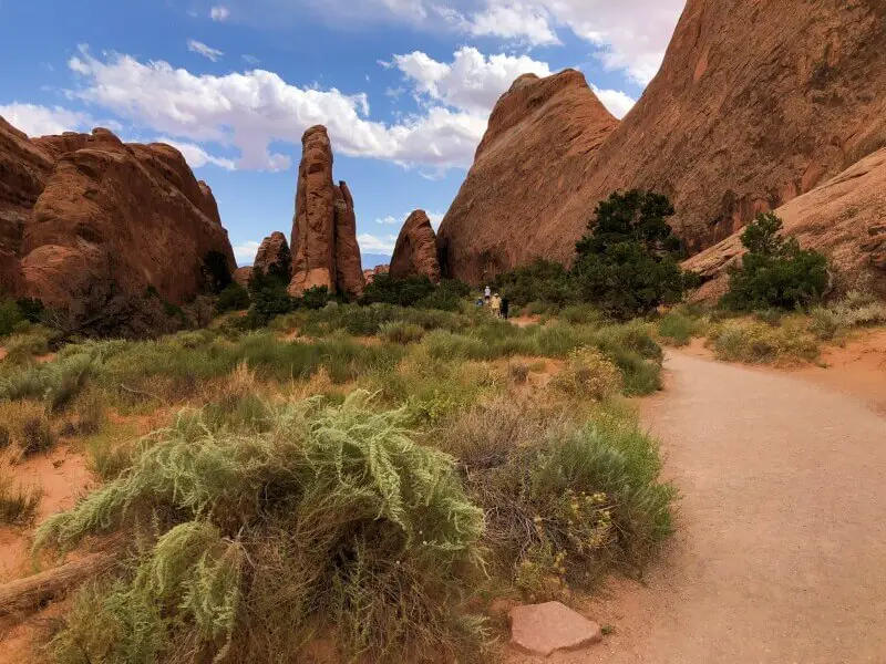 View of people walking on Devils Garden Trail surrounded by huge rock formations and bushes in Arches National Park.
