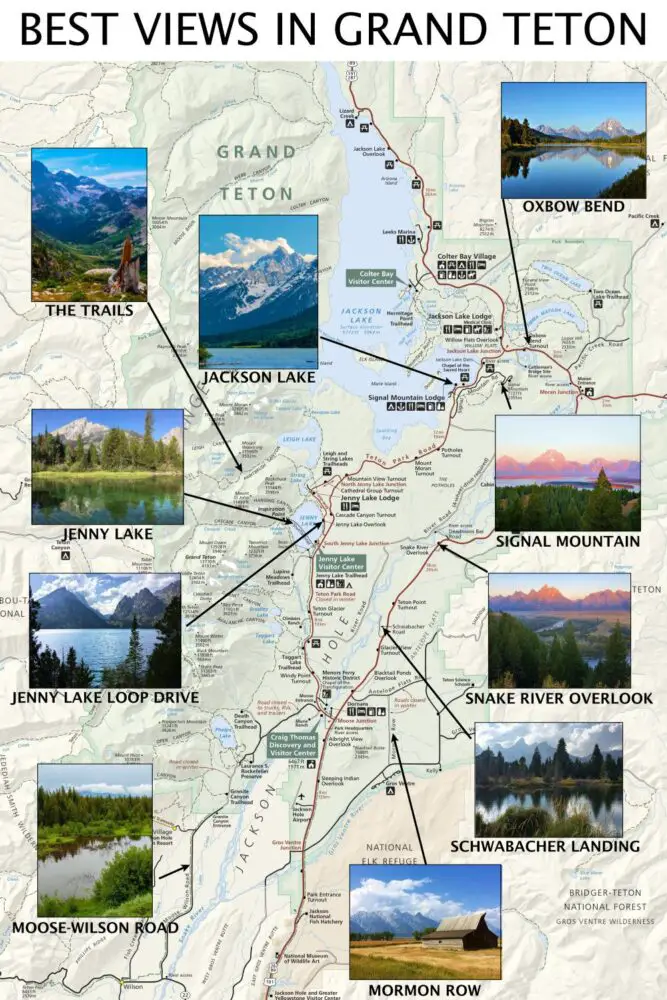 map of Grand teton national park with the best views in Grand teton national park marked with photos taken by james Ian from those viewpoints