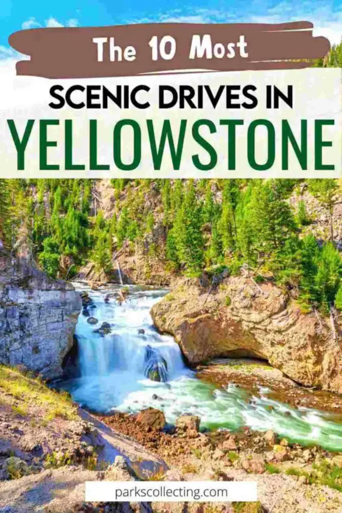 A photo of a waterfall surrounded by trees and rocks with the text that says, "The 10 most scenic drives in Yellowstone."
